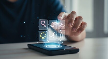 Hand Interacting with Digital Health Wellness Icons on Smartphone Screen Modern Technology Concept