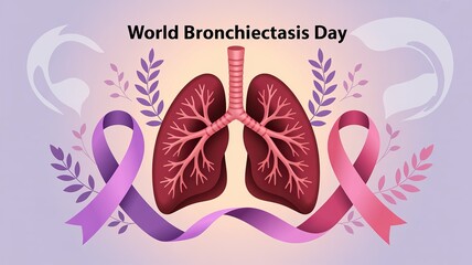 Obraz premium World Bronchiectasis Day, Lungs illustration highlighting bronchiectasis with supportive awareness ribbons background.