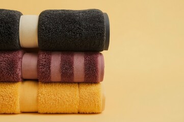 A stack of three rolled fluffy towels in black purple and yellow colors against a plain light orange background