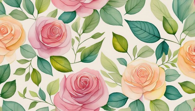 delicate watercolor roses leaves repeating pattern leaves texture illustration