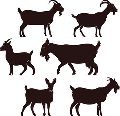 Versatile Goat Silhouette Set A Collection of High-Quality Animal Silhouettes for Design Projects, Featuring Walking, Grazing, and Standing Poses of Goats. Perfect for Logos, Illustrations, and More!