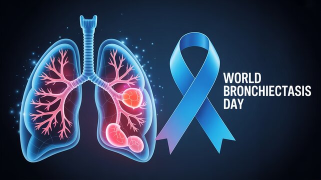 World Bronchiectasis Day, Raising awareness for bronchiectasis with bright glowing lung diagram.