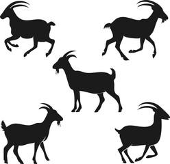 Elegant Animals Silhouette Set Five Nubian Goat Poses - Vector EPS Illustrations