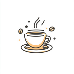 A minimalist line art illustration of a steaming cup of coffee with a saucer, featuring a simple, clean design with light beige and brown tones.