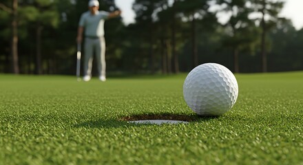 Obraz premium Golf Ball on the Edge of a Hole with a Golfer in the Background