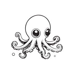 A kawaii-style octopus character with large sparkling eyes and detailed tentacles in black and white line art. Perfect for coloring books, kids' education materials, underwater-themed designs,