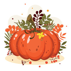 Autumn illustration, hello autumn, harvest banner, red pumpkin and colorful leaves, postcard.