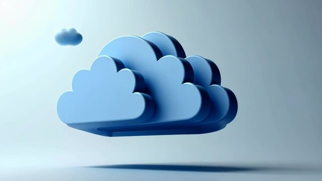 A minimalist 3D cloud upload icon with soft blue gradients, floating above a misty white background, serene and clean.