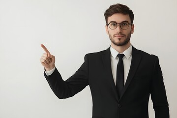 professional man in suit pointing to empty space beside him, isolated on white, ad concept 
