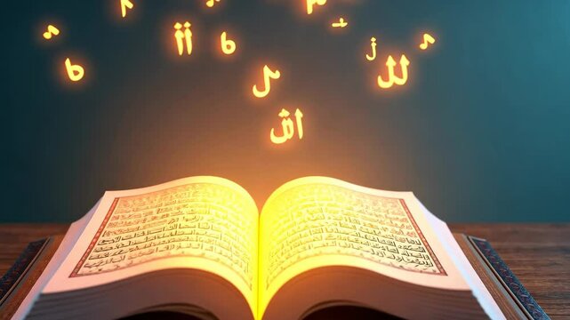A spiritual 3D icon of a glowing Quran on a wooden stand with floating Arabic letters around it in cartoon style. Eid al-Adha, Kurban Bayram, Islamic holiday, sacrifice tradition, Koran, Muslim feast.
