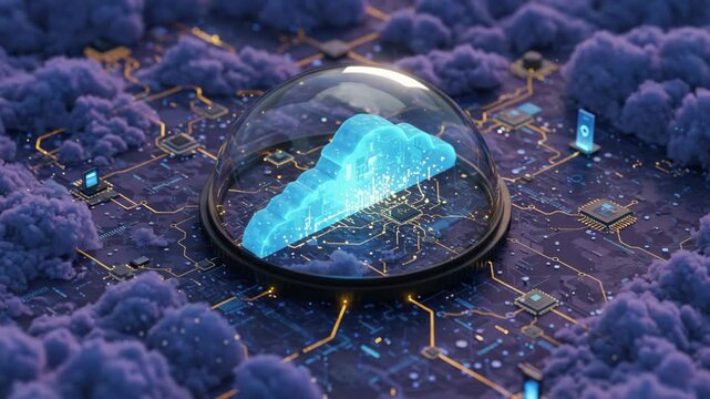 Cloud technology concept surrounded by electronic circuit and clouds  