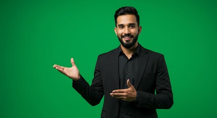 Smiling businessman presenting something on a green screen