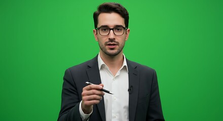Man in Suit Presenting with Pen on Green Screen Background