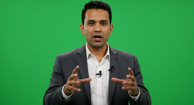 Businessman Presenting in Front of a Green Screen Background - Powered by Adobe
