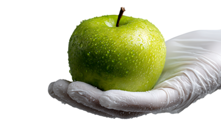 A hand in white gloves holding a green apple with water droplets on it, in close up.