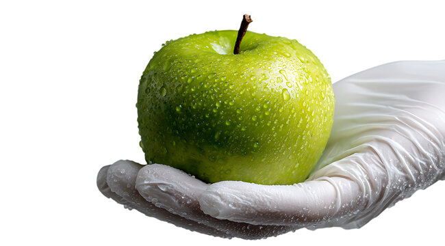A hand in white gloves holding a green apple with water droplets on it, in close up.