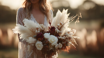 Bride holding a boho bouquet of pampas grass, white and burgundy roses, and dried foliage © Throm-Ka
