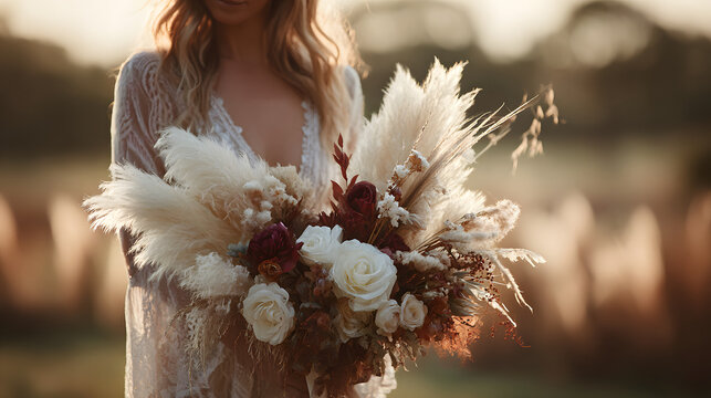 Bride holding a boho bouquet of pampas grass, white and burgundy roses, and dried foliage