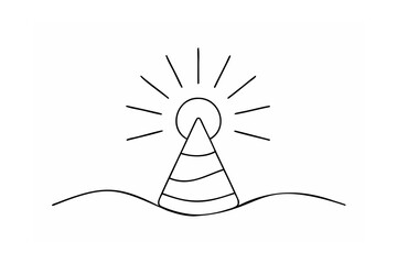 Simple hand drawn lighthouse with shining light rays vector illustration on white background