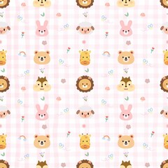 Seamless Pattern of Cute Animal Faces on Gingham Background