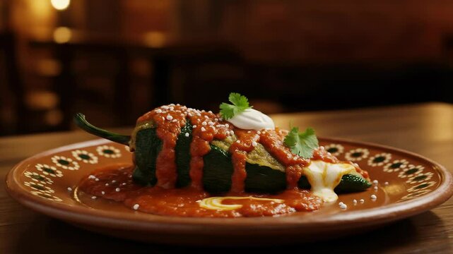 Authentic mexican chiles rellenos dish on a patterned plate with vibrant sauces