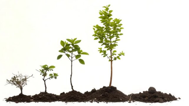 Young sapling tree isolated on white background with visible soil, symbolizing new life and growth in nature 4k cinematic video footages