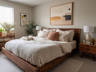 A large bed with a white comforter and pillows. A lamp is on the nightstand