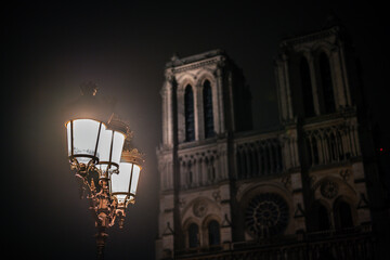Misty night view of Parisian streetlamps glowing with Notre-Dame cathedral in the background....