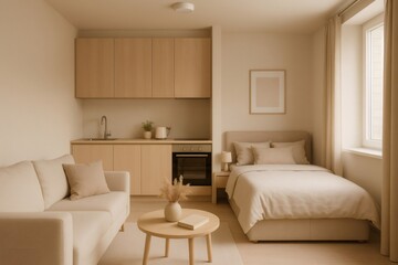 Modern minimalist beige studio apartment interior design showcasing a kitchen, living area, and sleeping space with a window