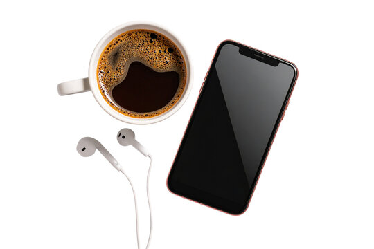 Top View of a Smartphone with Headphones and Coffee Cup, isolated on a transparent background