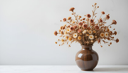 Elegant dried flower bouquet with roses and daisies rests in a brown vase, perfect for home decor and floral design concepts.
