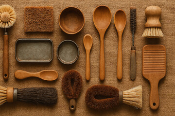 Flatlay showcasing various natural cleaning tools and utensils on burlap background including wooden spoons bowls brushes