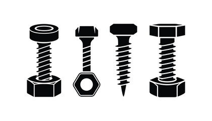 Set of Screws and Bolts Icon Silhouettes Industrial Fastener Vector Illustration.