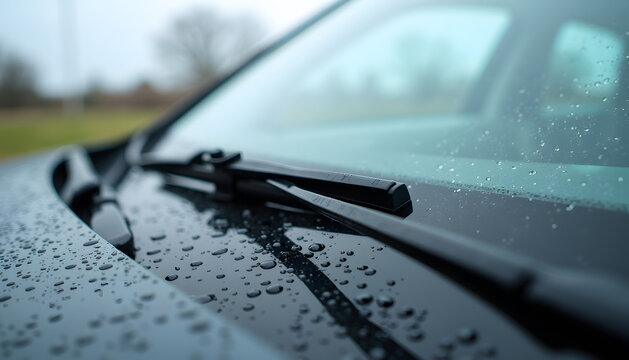 Close-up shot of a car windshield covered in raindrops on a rainy day - Powered by Adobe