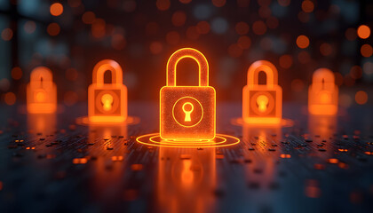 Glowing padlocks symbolize digital security and data encryption, emphasizing safe online practices.