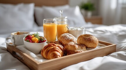 Breakfast Tray with Food Items on Bed