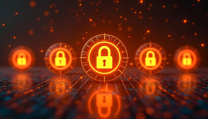 Digital security concept featuring illuminated lock icons, representing data protection and cybersecurity.