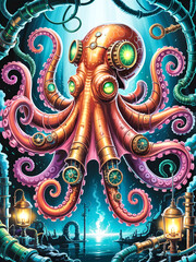 Fototapeta premium Steampunk mechanical octopus with glowing green eyes and intricate plumbing