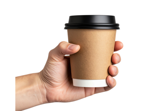 Hand Holding a Takeaway Coffee Cup with Sleeve and Lid, isolated on a transparent background