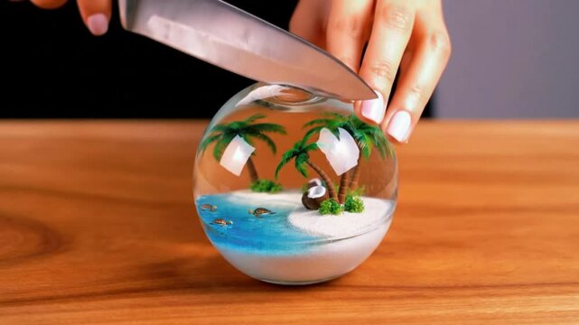 Cutting a Glass Coconut Revealing a Living Miniature Tropical World | AI-Generated ASMR Video