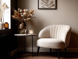 A white chair is sitting in front of a table. The chair is covered in white fur. A vase with flowers is on the table