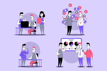 Vibrant illustration of diverse individuals collaborating in various scenarios. They engaged in discussions, examining data on screens, and sharing ideas. Effective teamwork concept