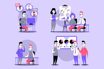 Group of professionals engaged in various activities including discussions, presentations, and data analysis. Teamwork and project outcomes in modern office setting