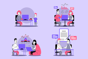Illustrations of various collaborative activities in office environment, showcasing teamwork among individuals working together on projects and discussing ideas