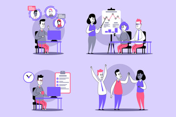 Individuals engaged in various activities demonstrating teamwork in contemporary office. They analyzing data, holding discussions, and celebrating achievements in vibrant setting