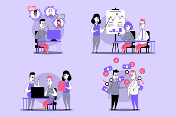 Collection of team collaboration in professional setting. Individuals engaged in discussions, using technology, and analyzing data through presentation and teamwork activities