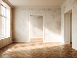 A large room with a white wall and wooden floors. There is a doorway in the middle of the room