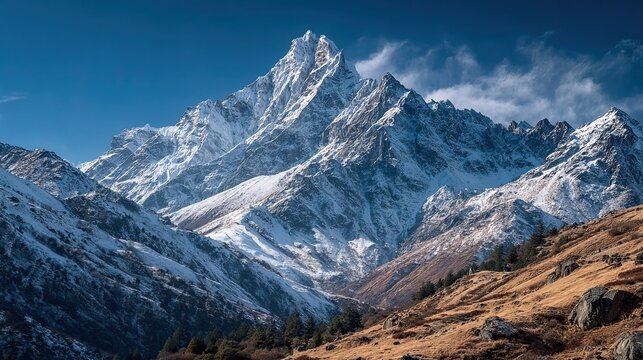 Majestic Himalayan snowy mountain peaks under blue sky for winter travel, adventure, trekking and nature concept - Powered by Adobe