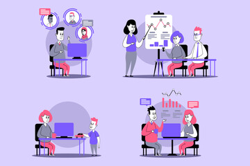 Teams engaged in discussions and presentations in contemporary setting. Video calls, data analysis, and collaborative planning. Teamwork and creativity concept