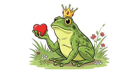 Charming frog prince holding a heart, royalty and fairytale illustration